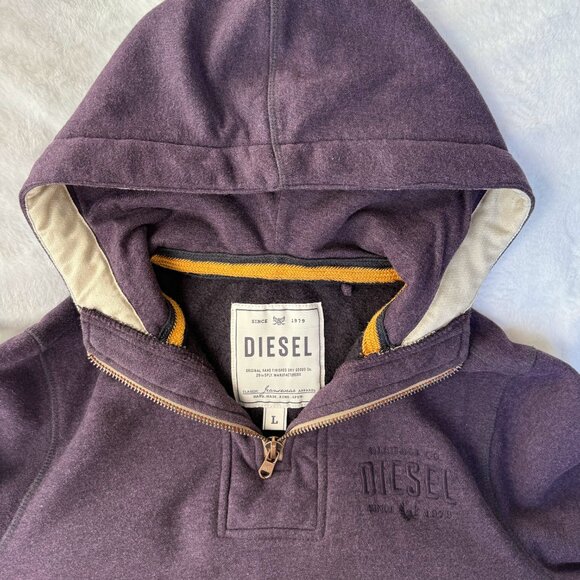 Diesel Half Zip Hoodie L Dark Plum Purple Embroidered Logo Kangaroo Pocket - Picture 11 of 12